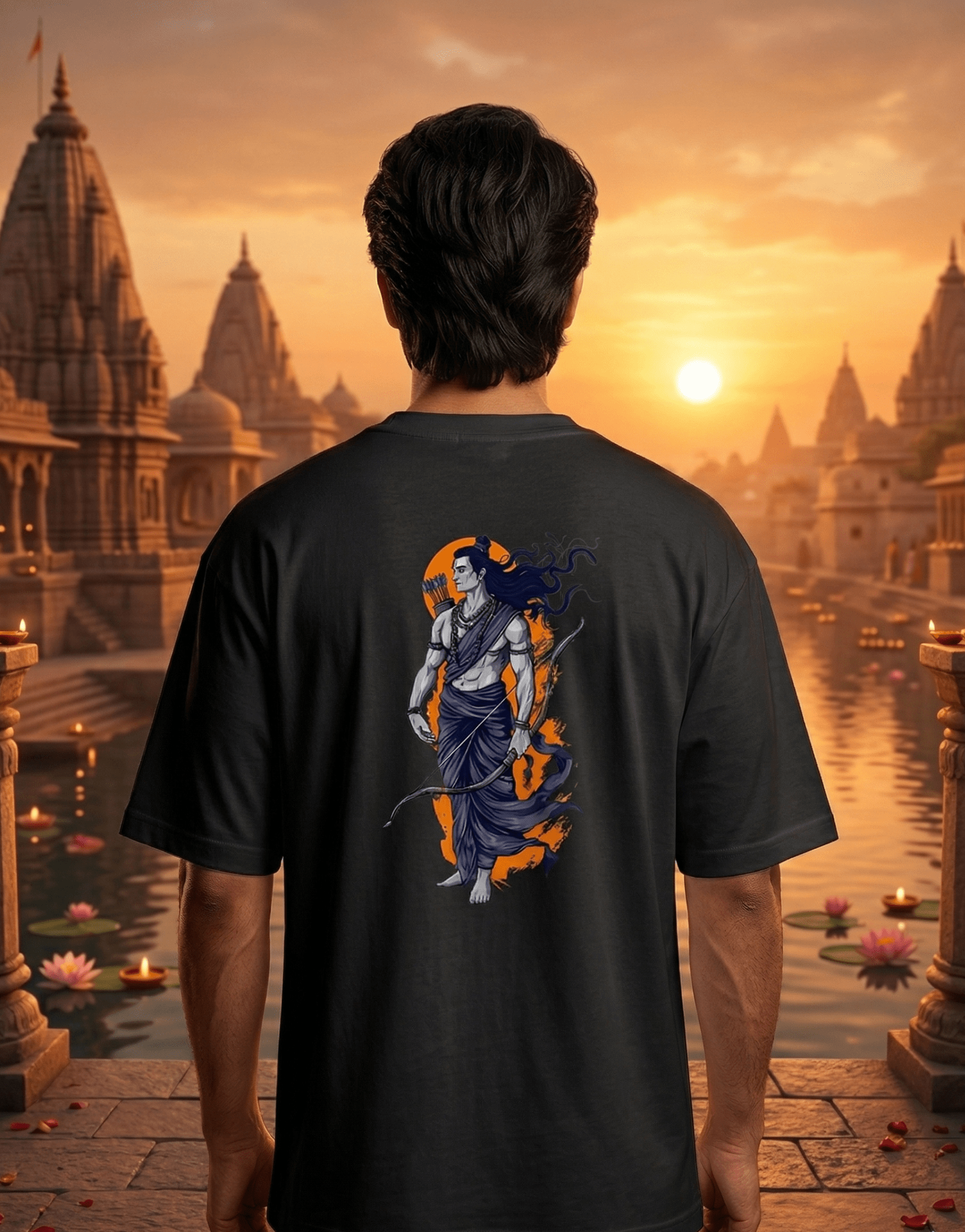 Person wearing a t-shirt with a graphic design of a warrior on a scenic temple background