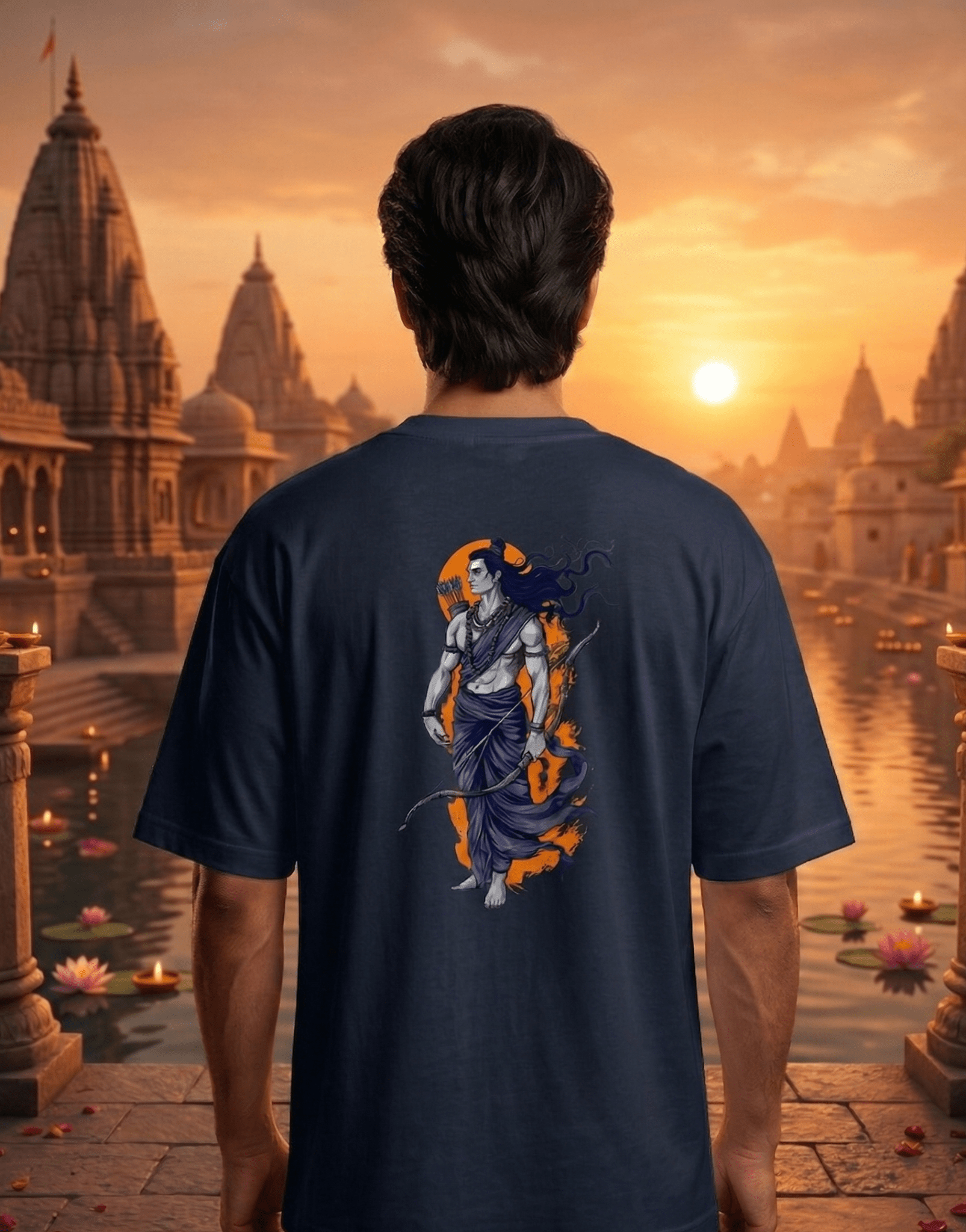 Person wearing a t-shirt with a graphic design of a warrior on a scenic temple background