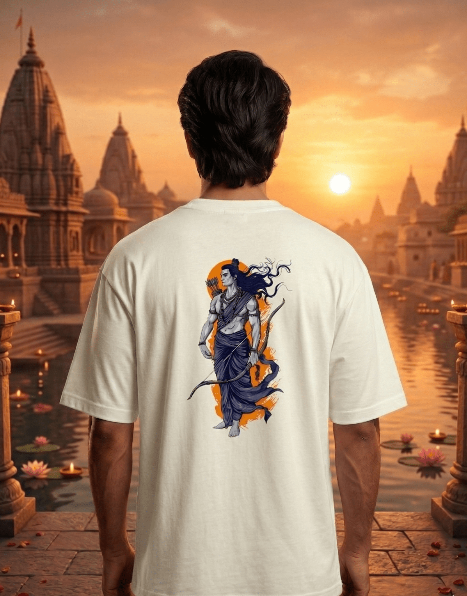 Person wearing a t-shirt with a graphic design of a warrior on a scenic temple background