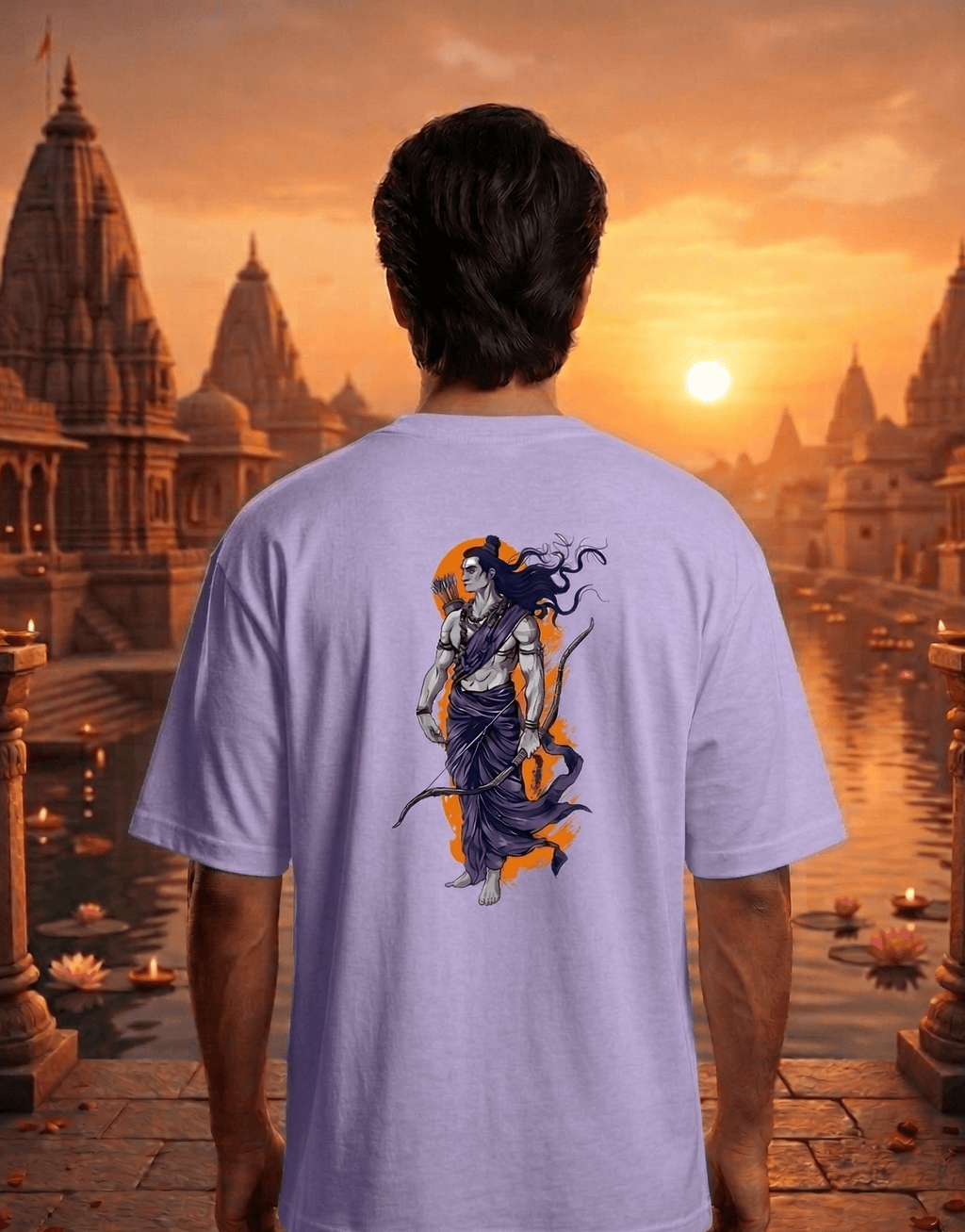 Person wearing a t-shirt with a graphic design of a warrior on a scenic temple background