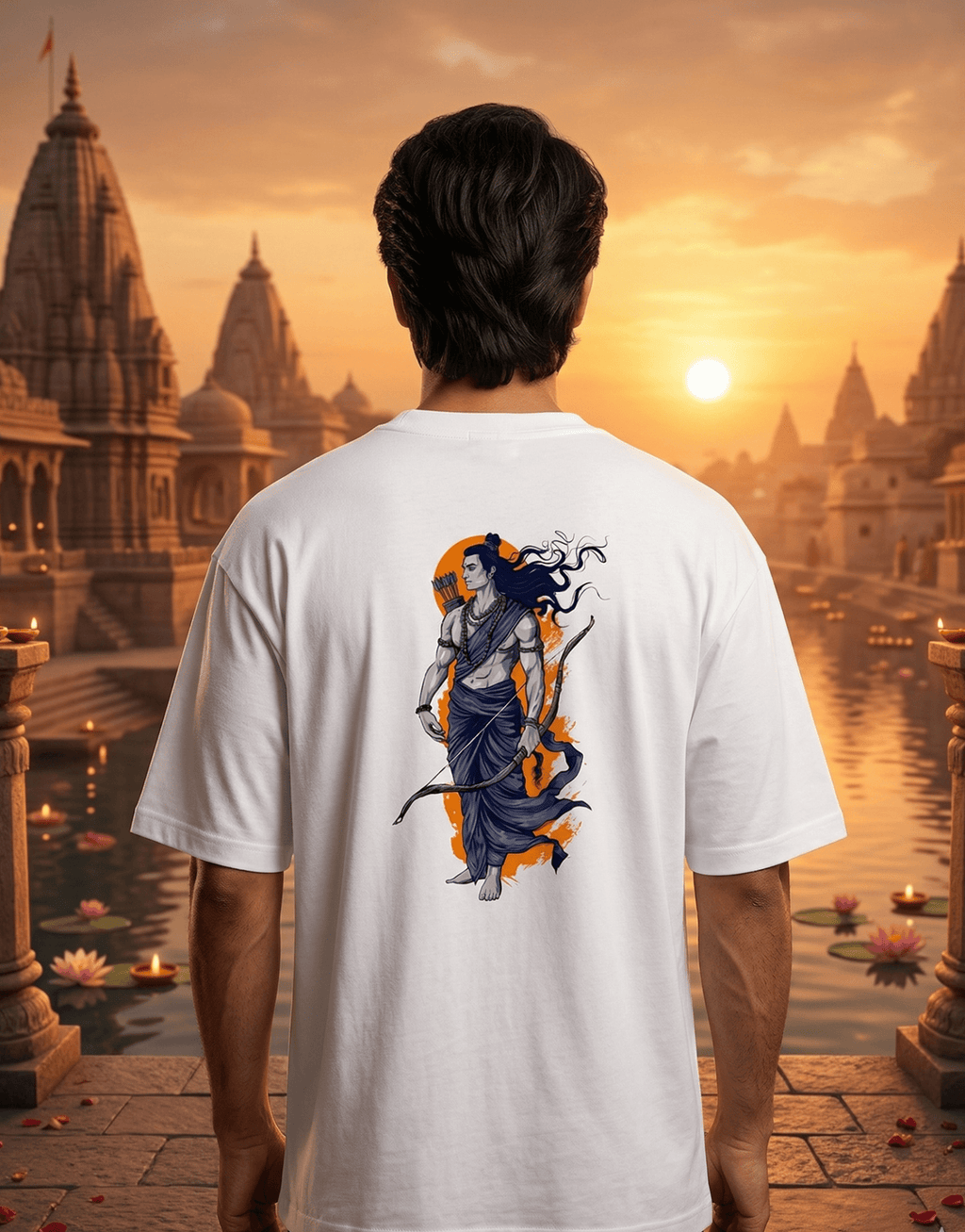Person wearing a t-shirt with a graphic design of a warrior on a scenic temple background
