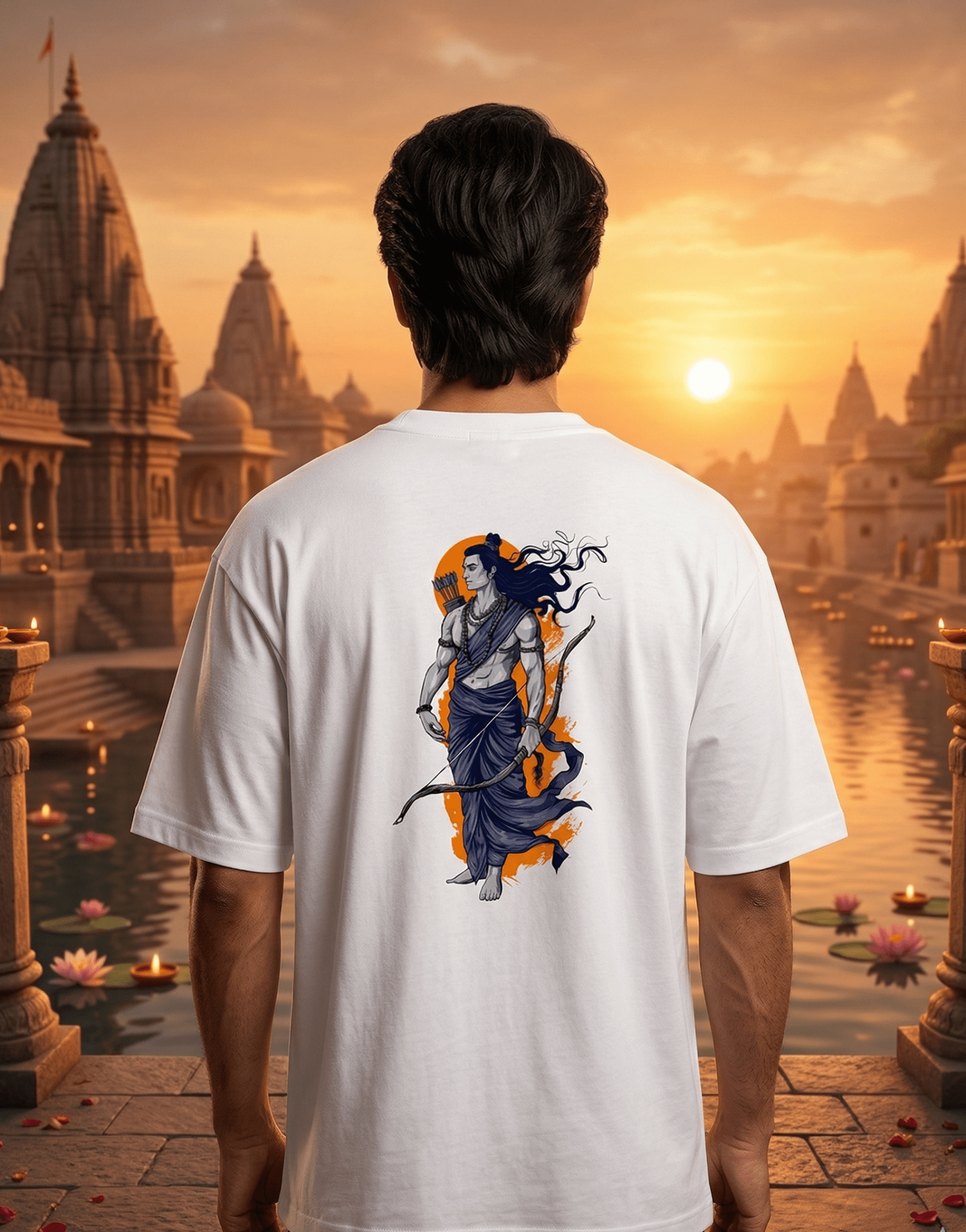 Person wearing a t-shirt with a graphic design of a warrior on a scenic temple background